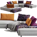 Gray Frame Sectional Multi Seater Sofa With Colorful Cushions Patterned Upholstery And Throw Blanket 3d model