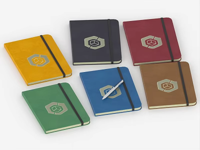 Six Colorful Notebooks with Black Straps and Logo Design Featuring Pen on Blue Notebook Cover 3d model