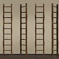 Four Wooden Ladders Leaning Against Beige Wall With Natural Wood Texture