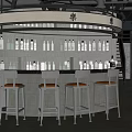 Modern Bar Interior Design With Curved Counter Bottles On Shelves And Bar Stools
