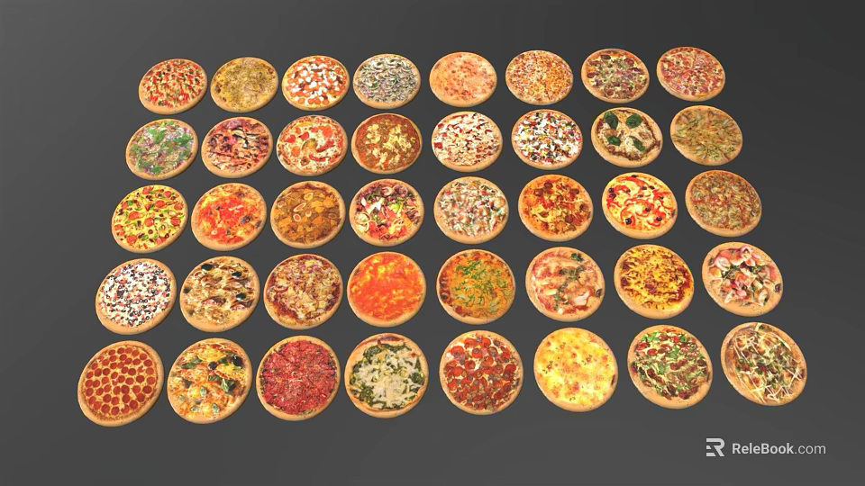 Various Pizza Types with Different Toppings Neatly Arranged in Rows 3d model