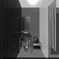 Compact Industrial Equipment Setup in Narrow Space with Sink Mirror Refrigerator and Checkerboard Floor Tiles