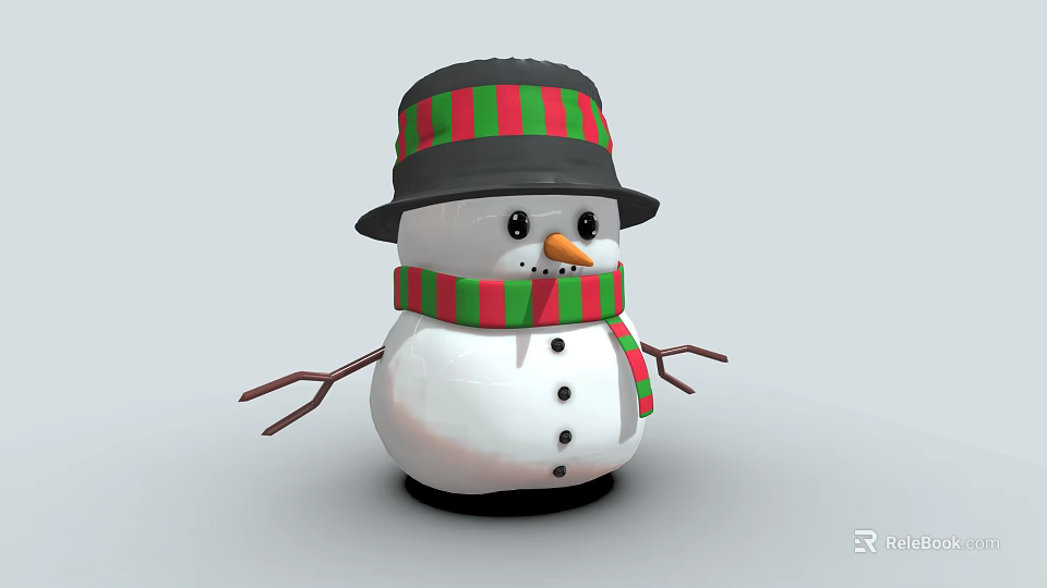 Cute Snowman Figure With Black Hat Red Green Striped Scarf White Body And Stick Arms 3d model 