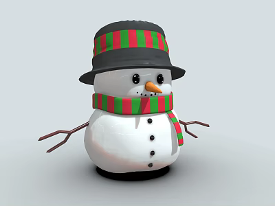 Cute Snowman Figure With Black Hat Red Green Striped Scarf White Body And Stick Arms 3d model