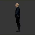 Man Wearing Dark Blue Jacket Black Pants Black Gloves And Boots On Gray Gradient Background