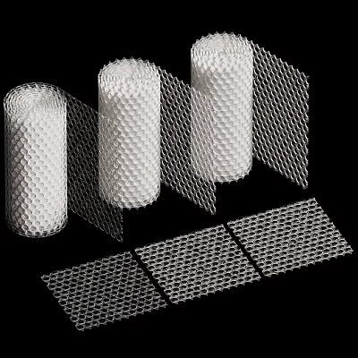 White Mesh Components Displayed in Roll and Sheet Forms with Hexagonal Pattern 3d model