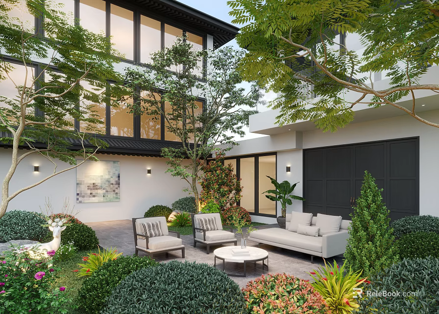 Modern Courtyard Garden With Outdoor Sofa Chairs Coffee Table And Lush Greenery 3d model 