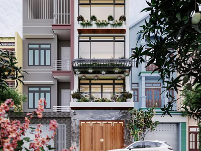 Detached Villa Exterior With Large Windows Greenery And Wooden Gate 3d model