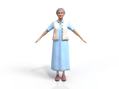 Elderly Woman in Blue Dress and White Vest with Gray Hair and Arms Outstretched 3d model
