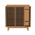 Wooden Entryway Side Cabinet With Lattice Doors Open Shelves Modern Minimalist Design Against Concrete Wall