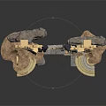 Geometric Scene Component With Diamond Panels Golden Framework Mechanical Elements And Stone Base