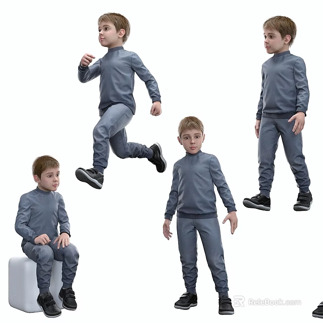 Boys In Gray Tracksuit With Long Sleeve Top Pants And Various Active Poses 3d model 