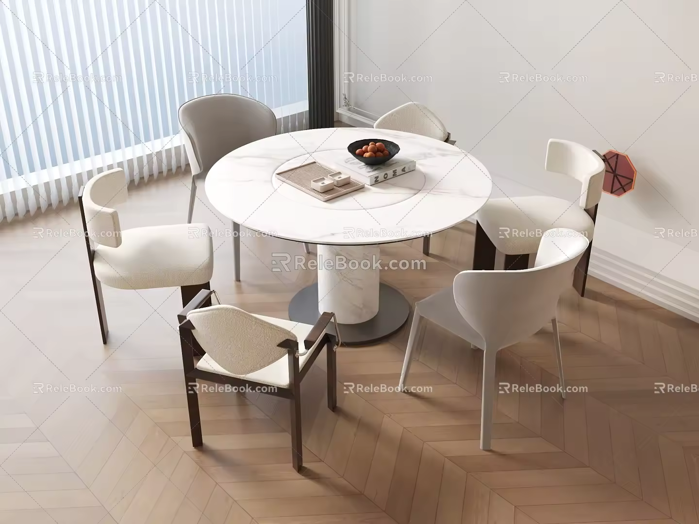Round table six people dining table cream wind dining table dining table chair combination 3d model