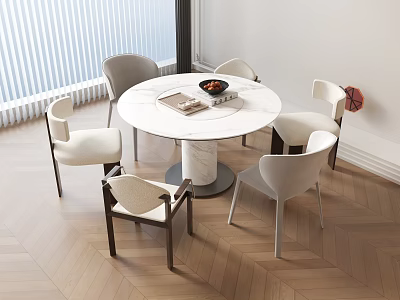 Modern Round Marble Dining Table Set With Six Beige Chairs On Herringbone Wooden Floor 3d model