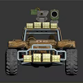 Camouflage Off Road Vehicle With Roof Mounted Green Device And Large Wheels