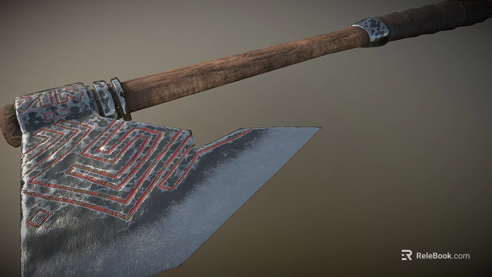 Ancient Weapon With Wooden Handle And Metal Head Featuring Intricate Red Black Labyrinth Patterns 3d model 