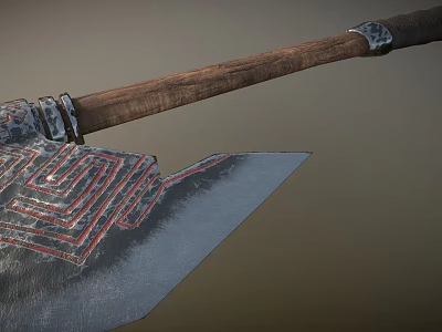 Ancient Weapon With Wooden Handle And Metal Head Featuring Intricate Red Black Labyrinth Patterns 3d model