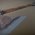 Ancient Weapon With Wooden Handle And Metal Head Featuring Intricate Red Black Labyrinth Patterns
