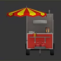 Colorful Hot Dog Cart With Red Yellow Striped Umbrella And Flame Design