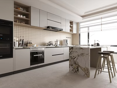 Modern Kitchen Interior With Marble Island Light Cabinets Tiled Backsplash And Appliances 3d model