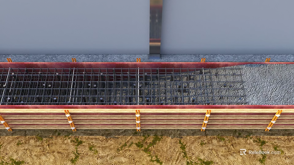 Structural Building Component Featuring Metal Grid Concrete Base And Orange Fasteners Support Strips 3d model