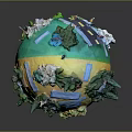 Yellow Decorative Globe Model With Green Plants Blue Labels And Small Ornaments