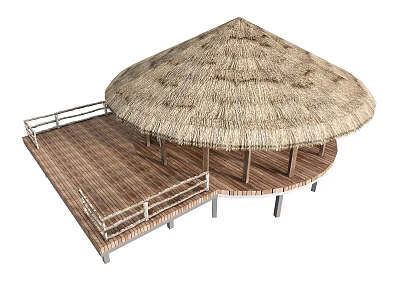 Thatched Roof Gazebo With Wooden Platform And Railing For Outdoor Use 3d model