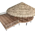 Thatched Roof Gazebo With Wooden Platform And Railing For Outdoor Use