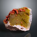 Natural Stone And Wood Decorative Piece With Red Crystals Green Patina And White Base