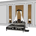 Background Double Bed Featuring Black Carved Frame White Canopy And Wooden Panel Walls
