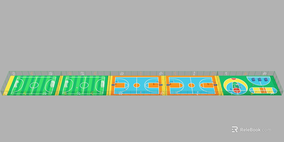 Modern Basketball Gym Interior With Multiple Courts And Colorful Flooring Design 3d model 