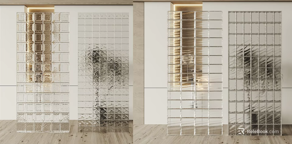 Transparent Glass Block Wall in Modern Interior Design with Light Effect and Wooden Floor 3d model 