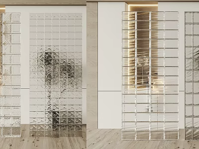 Transparent Glass Block Wall in Modern Interior Design with Light Effect and Wooden Floor 3d model