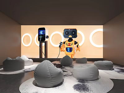 Home Theater Room Interior Design With Robot Charging Station Bean Bags And Circular Lights 3d model