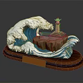 Cartoon Scene With Big Wave Lighthouse Island And Wooden Base