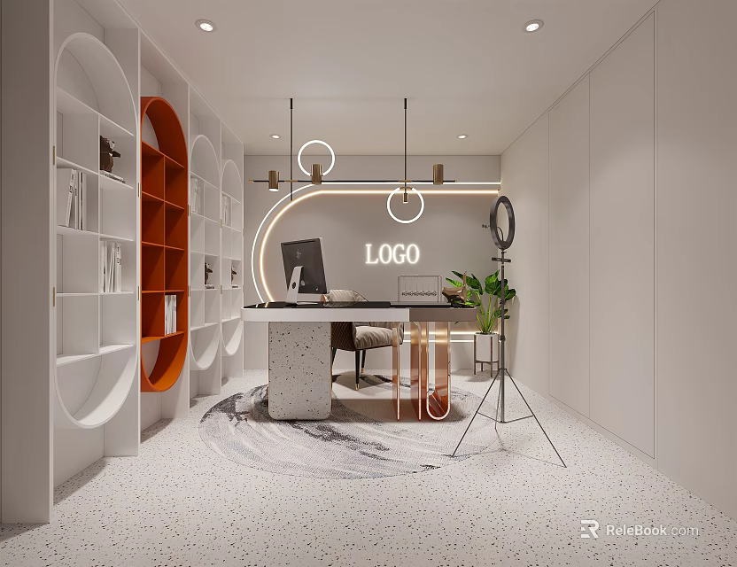 Modern Public Office Space Featuring Circular Shelves White Desk Plant Logo And Pendant Lights 3d model 