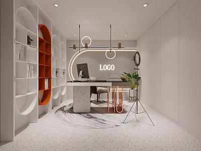 Modern Public Office Space Featuring Circular Shelves White Desk Plant Logo And Pendant Lights 3d model