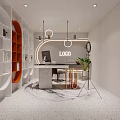 Modern Public Office Space Featuring Circular Shelves White Desk Plant Logo And Pendant Lights