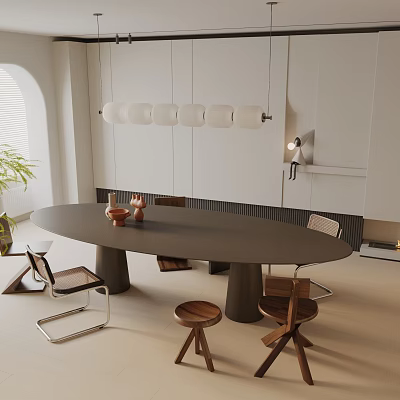 Modern Oval Dark Dining Table Set With Wooden Chairs Pendant Lights And White Cabinets 3d model