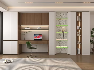 Modern Wooden Bookcase With White Panels LED Lights Desk And Green Chair In Home Office 3d model