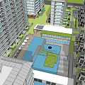 Modern High Rise Residential Complex With Water Features Glass Structure Courtyard Stone Pavement And Greenery
