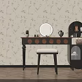 Stylish Dressing Table With Round Mirror Wooden Top Stool And Floral Wallpaper