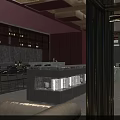Elegant Restaurant Interior With Red Walls Wine Racks And Geometric Ceiling Lights Marble Bar Counter