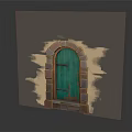 Green Wooden Arched Entrance Door With Stone Brick Frame And Classic Design