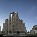 Modern High Rise Residential Buildings Featuring Urban Street Greenery and Pedestrian Walkways