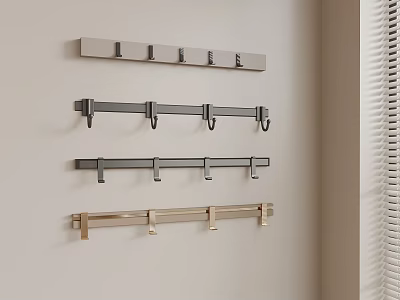 Multi Colored Wall Hooks Silver Black Gold Neatly Arranged on Light Wall with Window Blinds 3d model
