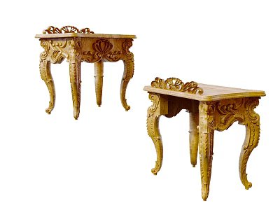 Two Vintage Wooden Stools with Intricate Carved Details and Decorative Legs 3d model