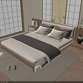 Japanese Style Double Bed with Shoji Window Wooden Headboard Nightstand and Table Lamp