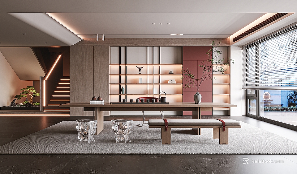 Modern Bright Tea Room Interior With Long Wooden Table Bench Red Cabinets And Tea Sets 3d model 