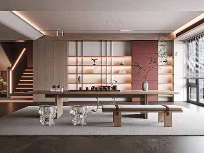 Modern Bright Tea Room Interior With Long Wooden Table Bench Red Cabinets And Tea Sets 3d model